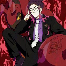  1boy adjusting_eyewear black-framed_eyewear black_hair black_jacket black_pants closed_mouth collared_shirt commentary_request corbeau_(pokemon) glasses hand_up jacket long_sleeves male_focus necktie open_clothes open_jacket pants pokemon pokemon_(creature) pokemon_legends:_z-a purple_shirt sagemaru-br scolipede shirt shoes short_hair signature socks watermark white_necktie yellow_eyes 