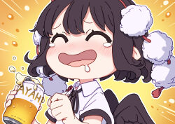  :d ^_^ absurdres alcohol asahi_breweries beer black_hair black_ribbon black_wings brand_name_imitation bubble can chibi closed_eyes drink_can emphasis_lines feathered_wings hair_between_eyes highres holding holding_can kame_(kamepan44231) medium_hair pointy_ears pom_pom_(clothes) ribbon saliva shameimaru_aya short_sleeves smile tearing_up tengu touhou wings yellow_background 