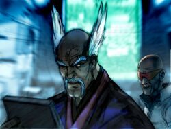  2boys bald balding black_undershirt dr.abel_(tekken) facial_hair game_cg glasses kawano_takuji lab_coat male_focus mishima_heihachi monitor multiple_boys mustache official_art old old_man raised_eyebrow robe sideways_glance smile solo tekken tekken_4 white_hair 