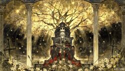  1boy absurdres arch armor armored_boots arrow_(projectile) black_cape blonde_hair boots cape chain closed_eyes closed_mouth crown field_of_blades floating_crown flower full_body gauntlets glowing glowing_crown gold_crown greatsword hair_between_eyes hair_over_shoulder halo highres holding holding_sword holding_weapon incredibly_absurdres leaf light_rays long_hair love_and_deepspace male_focus octagram pauldrons pillar planted planted_sword renga_(artist) shoulder_armor sitting sitting_on_throne solo sparkle straight-on sword throne tree watermark weapon weibo_watermark white_flower xavier_(love_and_deepspace) 