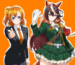  2girls animal_ears cowboy_shot haiwo highres horse_ears horse_girl kosaka_honoka love_live! love_live!_school_idol_project medal military_uniform multiple_girls necktie orange_hair orange_necktie side_ponytail suit symboli_rudolf_(umamusume) thigh-highs umamusume 