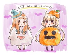  2girls :&gt; black_shoes blonde_hair blue_bow blue_hat blush bow brown_eyes brown_hair brown_shoes chibi commentary_request futaba_anzu ghost_costume ghost_hair_ornament hair_bow hat ichihara_nina idolmaster idolmaster_cinderella_girls idolmaster_cinderella_girls_starlight_stage jack-o&#039;-lantern long_hair low_twintails mini_hat mini_witch_hat multiple_girls pantyhose parted_lips pink_background pink_pantyhose pumpkin_costume pumpkin_hat red_eyes rino_cnc shoes standing tilted_headwear translation_request triangle_mouth twintails very_long_hair witch_hat 