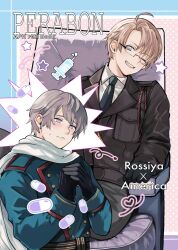  2boys ahoge america_(hetalia) axis_powers_hetalia belt black-framed_eyewear black_belt black_gloves blonde_hair blue_border blue_eyes blue_jacket blush border breast_pocket brown_jacket buttons character_name closed_mouth collared_shirt commentary_request cover cover_page glasses gloves green_necktie grey_hair grey_pants hands_up heart highres implied_yaoi jacket lapels long_sleeves looking_at_another male_focus military military_jacket military_uniform multiple_boys necktie one_eye_closed open_mouth own_hands_together pants pill pillow pink_background pocket polka_dot polka_dot_background purple_border russia_(hetalia) sama_8_sm scarf semi-rimless_eyewear shirt short_hair sitting sitting_on_throne smile star_(symbol) striped_belt sweatdrop syringe teeth upper_body violet_eyes white_scarf white_shirt 