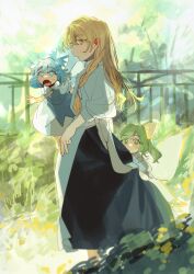  3girls absurdres apron black_skirt blonde_hair blue_bow blue_dress blue_eyes blue_hair bow braid cirno daiyousei dress expressionless fairy fairy_wings fang flying from_side green_eyes green_hair hiding hiding_behind_another highres ice ice_wings kirisame_marisa long_hair long_sleeves looking_at_viewer looking_to_the_side medium_hair multiple_girls no_headwear open_mouth ribbon shi_chimi shirt short_sleeves side_ponytail skirt surprised touhou white_shirt white_sleeves wings yellow_eyes yellow_ribbon 