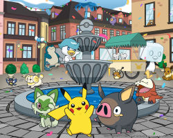  :3 ^_^ artist_request bidoof blue_eyes blue_sky bright_pupils building bush cart closed_eyes clouds commentary confetti day dedenne drifloon eevee eiscue eiscue_(ice) english_commentary fangs fidough fountain fuecoco highres lamppost lechonk munchlax nostrils official_art one_eye_closed open_mouth outdoors pikachu poke_ball_theme pokemon quaxly red_eyes rookidee second-party_source sky smile snorlax sprigatito swablu tandemaus water white_pupils window 