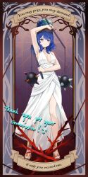  akatsuki_records bare_shoulders blue_eyes blue_hair bnelsey card chain choker commission dress earth_(ornament) english_text flail gold_sandals hecatia_lapislazuli hecatia_lapislazuli_(earth) holding_flail looking_at_viewer sandals sleeveless smile spikes tarot tarot_card touhou weapon white_dress 