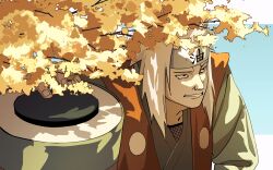  1boy absurdres black_eyes commentary forehead_protector highres japanese_clothes jiraiya_(naruto) long_hair long_sleeves looking_to_the_side male_focus naruto_(classic) naruto_(series) old old_man open_mouth pnpk_1013 red_vest scroll solo upper_body vest white_hair 