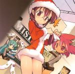  3girls :3 animal_costume antlers aqua_eyes aqua_hair blade blade_(lovewn) blush box braid brown_hair choker christmas christmas_tree collar falce fur glasses gloves hair_ribbon hasegawa_suzuho hat highres horns long_hair macademi_wasshoi magician's_academy multiple_girls official_art pink_eyes pink_hair pointy_ears purple_eyes purple_hair reindeer_costume ribbon santa_hat short_dress short_hair smile surprised tanarot thighs 