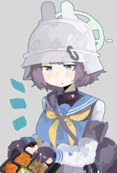  1girl absurdres blue_archive blue_eyes blue_serafuku eating green_halo grey_background grey_hair halo helmet highres holding_bento odmised saki_(blue_archive) school_uniform serafuku simple_background solo tactical_school_uniform upper_body 