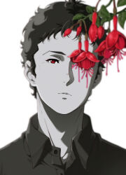  1boy buttons closed_mouth collared_shirt enelous flower flower_request fuchsia_(flower) greyscale gundam gundam_hathaway's_flash hathaway_noa highres looking_at_viewer male_focus monochrome one_eye_covered portrait red_eyes red_flower shirt short_hair solo spot_color very_short_hair 