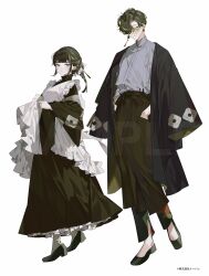  1boy 1girl :&lt; apron black_apron black_coat black_hair black_kimono black_shirt black_shoes black_skirt blue_eyes blunt_bangs bow braid braided_ponytail closed_mouth coat coat_on_shoulders copyright_notice curtained_hair dress_shirt earrings flats fold-over_collar frilled_shawl frilled_shirt_collar frilled_vest frills full_body green_eyes green_hair green_pants grey_hair grey_shirt haikei_bibliophile_no_kimitachi_e_(trpg) hair_bow hair_over_one_eye hands_in_pockets haori highres japanese_clothes jewelry kimono kimono_skirt long_hair long_skirt long_sleeves looking_at_viewer multicolored_hair pants pen petting print_kimono print_pants round_eyewear sample_watermark shawl shirt shoes short_hair sidelocks simple_background single_braid single_earring skirt smile socks standing streaked_hair tassel tassel_earrings tinted_eyewear vest waist_apron watermark white_background white_bow white_shawl white_socks white_vest wide_sleeves yellow-tinted_eyewear yukko_(matakite_4kaku) 