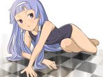  1girl blue_hair blunt_bangs checkered_floor kannagi lying nagi parted_lips purple_eyes school_swimsuit solo swimsuit wallpaper 