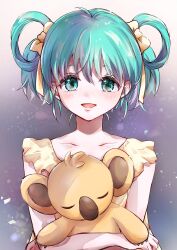  1girl absurdres animal aqua_hair bare_arms bow closed_eyes collarbone commentary_request crossed_arms dress green_eyes hair_bow hair_rings highres holding holding_animal killer_koala koala looking_at_viewer mimemike333 open_mouth short_hair sleeveless sleeveless_dress smile tatebayashi_miharu tokimeki_memorial tokimeki_memorial_1 upper_body white_dress yellow_bow 