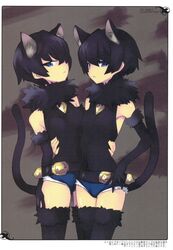  animal_ears bare_shoulders belt black_hair black_legwear blue_eyes breast_press breasts cat_ears cat_tail do-raku7 elbow_gloves fur gloves highres multiple_girls nekomimi scanning_artifacts screening short_hair shorts siblings tail thigh-highs thighhighs twins usatsuka_eiji 