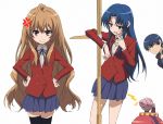  blue_hair brown_eyes brown_hair kawashima_ami kushieda_minori long_hair radar red_hair school_uniform takasu_ryuuji thighhighs toradora! white 