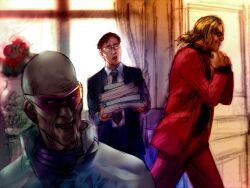  3boys adjusting_collar bald blonde_hair brown_hair dr.abel_(tekken) evil_grin evil_smile flower game_cg glasses grin holding holding_paper kawano_takuji lab_coat long_hair male_focus multiple_boys necktie official_art old old_man paper paper_stack paul_phoenix ponytail red_suit scientist short_hair smile suit sunglasses tekken tekken_4 vase walking window 