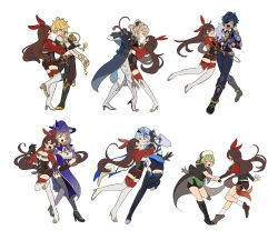  2boys 6+girls absurdres aether_(genshin_impact) amber_(genshin_impact) assertive_female blonde_hair blue_hair breasts coat collei_(genshin_impact) dancing eula_(genshin_impact) eyepatch full_body genshin_impact gloves green_hair hair_ribbon hairband hat high_heels highres hoyo_o implied_yuri jacket jean_(genshin_impact) kaeya_(genshin_impact) leotard lisa_(genshin_impact) medium_breasts multiple_boys multiple_girls multiple_views official_alternate_costume ponytail ribbon scarf shorts simple_background smile thigh-highs white_background witch_hat 
