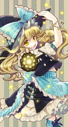  1girl :d apron black_hat black_skirt black_vest blonde_hair blue_apron blue_boots blue_bow boots bow bracelet commentary_request hand_on_headwear hat hat_bow highres jewelry kirisame_marisa knee_boots long_hair looking_at_viewer mini-hakkero open_mouth puffy_short_sleeves puffy_sleeves shirt short_sleeves skirt smile socha solo star_(symbol) star_print striped_apron striped_background striped_bow striped_clothes teeth touhou upper_teeth_only vest waist_apron white_shirt witch_hat yellow_eyes 