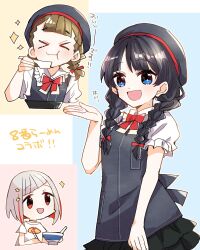  &gt;_&lt; 3girls :d :t apron beret black_hair black_skirt blue_background blue_eyes bow bowl bowtie braid center-flap_bangs chinese_spoon closed_mouth collared_shirt colored_inner_hair commentary_request diagonal_bangs dollchestra eating frilled_shirt_collar frilled_skirt frilled_sleeves frills grey_apron grey_hat hachiban_ramen hachiban_ramen_uniform hat highres holding holding_spoon kachimachi_kosuzu kanduki_kamibukuro long_hair low_twin_braids miniskirt mole mole_on_neck multicolored_hair multiple_girls murano_sayaka official_alternate_costume puffy_short_sleeves puffy_sleeves red_background red_bow red_bowtie red_eyes red_hair red_streaks shirt short_sleeves sizzler_plate skirt smile sparkle spoon streaked_hair t-shirt translation_request twin_braids white_shirt yellow_background yugiri_tsuzuri 