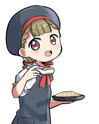  1girl apron beret black_apron black_hat bow bowtie braid brown_hair center-flap_bangs chinese_spoon collared_shirt commentary_request food fried_rice frilled_sleeves frills hachiban_ramen hachiban_ramen_uniform hair_ribbon hat highres holding holding_plate holding_spoon kachimachi_kosuzu link!_like!_love_live! looking_at_viewer love_live! low_twintails massigura official_alternate_costume pink_eyes plate puffy_short_sleeves puffy_sleeves red_bow red_bowtie red_ribbon ribbon shirt short_sleeves side_braids simple_background solo spoon twintails virtual_youtuber white_background white_shirt 