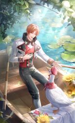  1boy animal artist_request bird black_neckerchief black_pants blanket boat boots brown_eyes buttons clothed_animal collared_jacket cropped_jacket day diamond_print dress_pants floral_print flower full_body game_cg goose hand_on_own_chest happy high-waist_pants high_collar highres jacket knee_boots lake lapel_pin lapels layered_sleeves light_particles light_rays lily_pad long_sleeves looking_at_animal lotus neckerchief nikki_(series) oar official_art one_eye_closed open_clothes open_jacket open_mouth orange_hair outdoors pants parted_bangs pink_flower red_sleeve_cuffs red_vest shining_nikki short_hair sitting sleeve_cuffs smile solo sunflower sunlight vest watercraft white_boots white_flower white_jacket willow yeeso_(shining_nikki) yellow_flower 