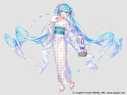  1girl ahoge aqua_eyes aqua_hair aqua_sash asa_no_ha_(pattern) bag bug butterfly copyright_notice floral_print flower full_body gari_(apollonica) grey_background hair_flower hair_ornament hand_fan hatsune_miku highres holding holding_bag holding_fan japanese_clothes kimono kinchaku lips long_hair obi official_art open_mouth paper_fan pouch puddle sakuramon sandals sash shippou_(pattern) smile solo standing tassel tassel_hair_ornament teeth twintails uchiwa upper_teeth_only uroko_(pattern) very_long_hair vocaloid white_kimono yagasuri yukata zouri 
