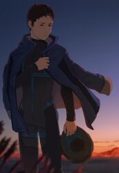  1boy blue_coat brown_eyes brown_hair coat coat_on_shoulders cowboy_shot dusk enelous gundam gundam_hathaway's_flash hathaway_noa helmet highres holding holding_helmet long_sleeves looking_to_the_side male_focus mecha_pilot_suit mountainous_horizon open_clothes open_coat outdoors parted_lips short_hair solo standing star_(sky) unworn_headwear unworn_helmet very_short_hair 