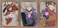  3boys :d armor bandaged_arm bandaged_hand bandaged_head bandages black_gloves black_sclera brown_hair colored_sclera covered_mouth crtr_melco fingerless_gloves frown gloves grey_hair hair_between_eyes hair_over_one_eye helmet highres holding holding_sword holding_weapon ishida_mitsunari_(sengoku_basara) japanese_armor jinbaori kabuto_(helmet) katana looking_at_viewer male_focus multiple_boys ootani_yoshitsugu_(sengoku_basara) popped_collar sengoku_basara sheath sheathed shima_sakon_(sengoku_basara) short_hair smile smirk star_(symbol) sword upper_body weapon white_eyes 