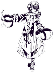  1girl alternate_costume claws eyepatch full_body greyscale holding_sickle kure_kirika long_sleeves looking_at_viewer magical_girl mahou_shoujo_madoka_magica mahou_shoujo_oriko_magica monochrome mura_kuroe necktie solo white_background 