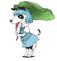  1girl animal_ears barefoot blue_hair blue_skirt blue_vest commentary_request dog_ears dog_girl dog_tail full_body furry furry_female leaf_umbrella looking_at_viewer lowres onikobe_rin open_mouth red_eyes shirt short_hair simple_background skirt skirt_set solo tail tatara_kogasa tongue tongue_out touhou vest white_background white_shirt 