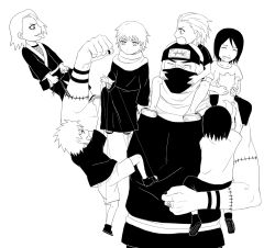  1girl 6+boys aged_down closed_eyes crying deidara_(naruto) forehead_protector greyscale hidan_(naruto) highres jewelry kakuzu_(naruto) konan_(naruto) mask monochrome mouth_mask multiple_boys nagato_(naruto) naruto_(series) naruto_shippuuden ninja ninja_mask ring sasori_(naruto) short_hair tattoo tongue tongue_out white_background yahiko_(naruto) yi_(199702090505) 