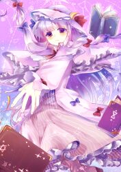  1girl blue_bow blush book boots bow capelet commentary_request constellation crescent crescent_hat_ornament dress floating floating_book floating_object from_below frown hall_jion hat hat_ornament long_hair long_sleeves looking_down open_book outstretched_hand patchouli_knowledge purple_background purple_boots purple_capelet purple_dress purple_hair purple_hat red_bow red_ribbon ribbon sidelocks solo striped_clothes striped_dress touhou violet_eyes 