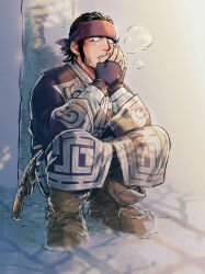  1boy ainu black_hair boots breath brown_boots fur_boots golden_kamuy gun headband kirawus_(golden_kamuy) long_sleeves looking_at_viewer male_focus mature_male short_hair sideburns snow solo squatting wani_same weapon winter 