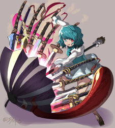  1girl blue_eyes blue_hair blue_skirt blue_vest heterochromia highres holding holding_sword holding_weapon juliet_sleeves karakasa_obake long_sleeves multiple_swords multiple_weapons puffy_sleeves purple_umbrella red_eyes shirt skirt sword syope tatara_kogasa tongue tongue_out touhou umbrella vest weapon white_shirt 
