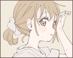  1girl black_border blush blush_stickers border brown_eyes brown_hair ear_blush from_side grey_background grey_scrunchie grey_shirt hair_ornament hair_scrunchie hand_on_own_head hand_up highres hot looking_at_viewer namori original parted_lips ponytail scrunchie shirt short_hair short_ponytail short_sleeves simple_background solo sweat wiping_sweat 