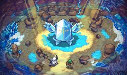  1girl absol bandana brown_hair cave_interior green_bandana highres may_(pokemon) monsterham pixel_art pokemon pokemon_(creature) pokemon_emerald pokemon_rse regice rock 