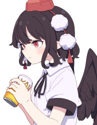  1girl absurdres black_hair black_ribbon black_wings blush can closed_mouth collared_shirt commentary_request feathered_wings from_side hat highres holding holding_can kame_(kamepan44231) neck_ribbon pointy_ears pom_pom_(clothes) red_eyes red_hat ribbon shameimaru_aya shirt short_hair short_sleeves solo tokin_hat touhou upper_body white_shirt wings 