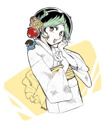  1boy 1girl animal_print asa_no_ha_(pattern) blue_kimono brown_hair cone_horns green_hair hashigo_igyou highres horns japanese_clothes kimono looking_at_viewer lum mini_person moroboshi_ataru obi open_mouth print_kimono print_sash sash sitting sitting_on_shoulder tiger_print urusei_yatsura 