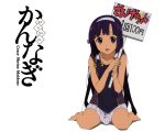  1girl black_hair copyright_name hairband kannagi official_art open_mouth purple_eyes scan sitting smile solo takenashi_eri wallpaper white_background zange 