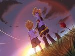  blurry child cloud condensation_trail depth_of_field dual_persona dutch_angle hand_holding highres hirobakar holding_hands kagamine_len looking_back male scenery sky standing sunrise time_paradox vocaloid young 