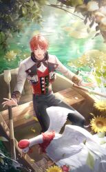  1boy animal artist_request bird black_jacket black_neckerchief black_pants brown_eyes brown_hair buttons clothed_animal collared_jacket day diamond_print dress_pants floral_print flower frown full_body game_cg goose high-waist_pants high_collar highres jacket lapel_pin lapels layered_sleeves leaf light_particles light_rays lily_pad long_sleeves looking_at_animal male_focus multicolored_jacket neckerchief nikki_(series) oar official_art open_clothes open_jacket open_mouth outdoors pants pink_flower plaid_clothes plaid_neckerchief red_sleeve_cuffs shining_nikki short_hair sleeve_cuffs solo splashing sunflower sunlight two-tone_jacket white_jacket willow worried yeeso_(shining_nikki) yellow_flower 