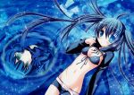 absurdres belt bike_shorts bikini_top black_rock_shooter black_rock_shooter_(character) blue blue_eyes blue_hair blush breasts cleavage dead_master front-tie_top highres huge_filesize inugahora_an long_hair navel open_clothes scan scar short_shorts shorts twintails very_long_hair 