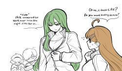  ... 2boys 2girls absurdres ahoge blue_eyes brown_hair el_elluci green_hair highres hod_(project_moon) jacket lobotomy_corporation long_hair long_sleeves looking_at_another malkuth_(project_moon) multiple_boys multiple_girls netzach_(project_moon) project_moon shirt simple_background track_jacket upper_body white_background white_shirt wide-eyed yellow_eyes yesod_(project_moon) zipper 