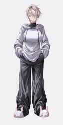  1girl :o animal_slippers baggy_clothes baggy_pants black_pants blonde_hair breasts bunny_slippers grey_background hair_over_one_eye hands_in_pockets highres hood hoodie large_breasts looking_at_viewer open_mouth original pants short_hair simple_background slippers teeth ulularts upper_teeth_only violet_eyes white_hoodie white_slippers 