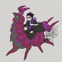  1boy black-framed_eyewear black_hair black_jacket black_pants blue_shirt closed_mouth corbeau_(pokemon) film_grain glasses grey_background jacket male_focus necktie open_clothes open_jacket pants pokemon pokemon_(creature) pokemon_legends:_z-a riding riding_pokemon round_eyewear sagemaru-br scolipede shirt short_hair signature simple_background sitting white_necktie 