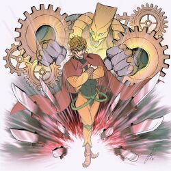  1boy 1other abs belt black_leotard black_shirt blonde_hair cape colored_skin commentary_request crossed_arms dio_brando earrings emphasis_lines evil_smile full_body gears green_belt green_headband green_suspenders grey_skin headband heart_ornament helmet jacket jewelry jojo_no_kimyou_na_bouken knee_pads knife leotard long_sleeves male_focus meeechiru2 muscular muscular_male open_mouth pants pointy_shoes red_cape red_eyes shirt signature smile stand_(jojo) standing stardust_crusaders the_world yellow_helmet yellow_jacket yellow_pants 