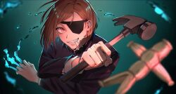  1girl blurry blurry_foreground commentary eyepatch grin hammer highres holding holding_hammer holding_nail jacket jujutsu_kaisen jujutsu_tech_uniform kugisaki_nobara mouth_hold nail_(hardware) orange_eyes orange_hair short_hair smile snowspringcraft solo upper_body 
