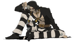  1boy animal black_hood black_sclera boston_terrier color_connection colored_sclera dog grey_hair hat hat_bobbles hex_tails highres iggy_(jojo) jojo_no_kimyou_na_bouken long_sleeves male_focus mashita._(mentaiko_omoti) pants red_eyes risotto_nero solo stardust_crusaders striped_clothes striped_pants terrier_(dog) vento_aureo vertical-striped_clothes vertical-striped_pants white_hair 