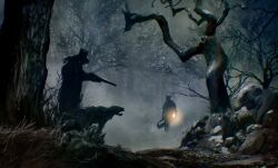  1boy 1other animal bloodborne brushseven coat dark forest gloves grass gun hat highres holding holding_gun holding_weapon hunter_(bloodborne) lantern looking_at_another nature night saw saw_cleaver standing tree tricorne walking weapon 