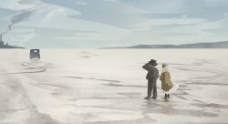  2others antique_car black_coat car coat day factory from_behind full_body fur-trimmed_coat fur_collar fur_trim hat motor_vehicle mountainous_horizon multiple_others original outdoors scenery signature skid_mark smoke snow snowing standing yellow_coat zandra 